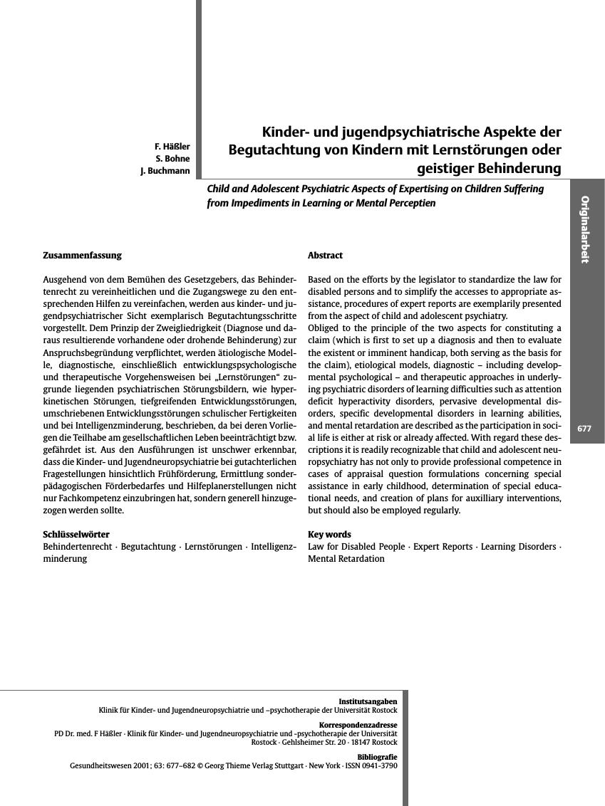 Vorschauseite 1: Kinderund jugendpsychiatrische Aspekte der Begutachtung von Kindern mit Lernstörungen oder geistiger Behinderung