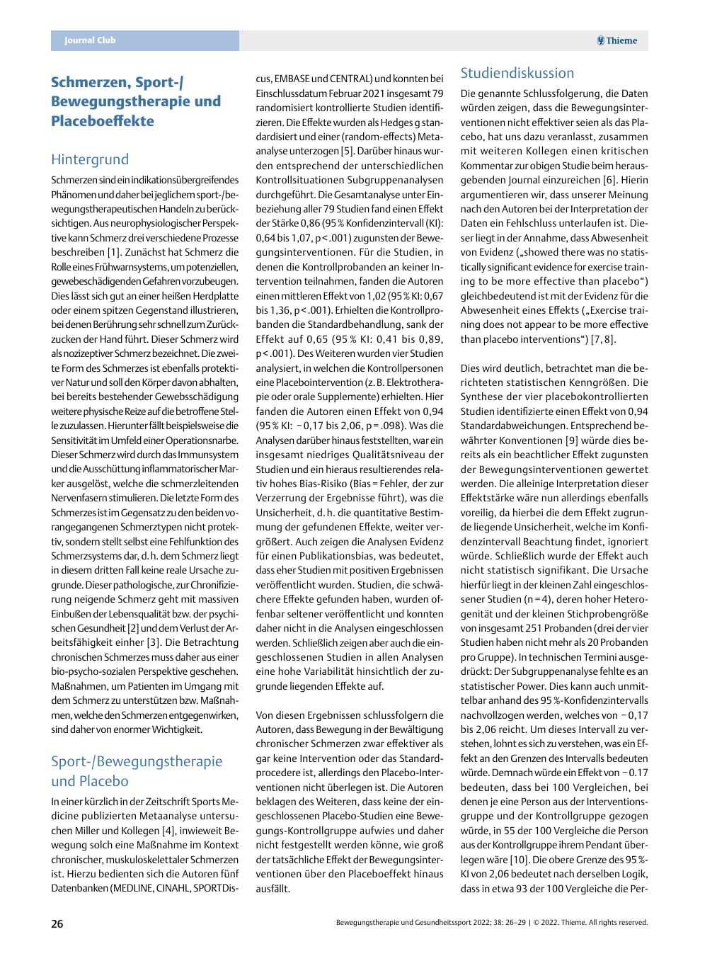 Vorschauseite 1: Schmerzen, Sport-/Bewegungstherapie und Placeboeffekte