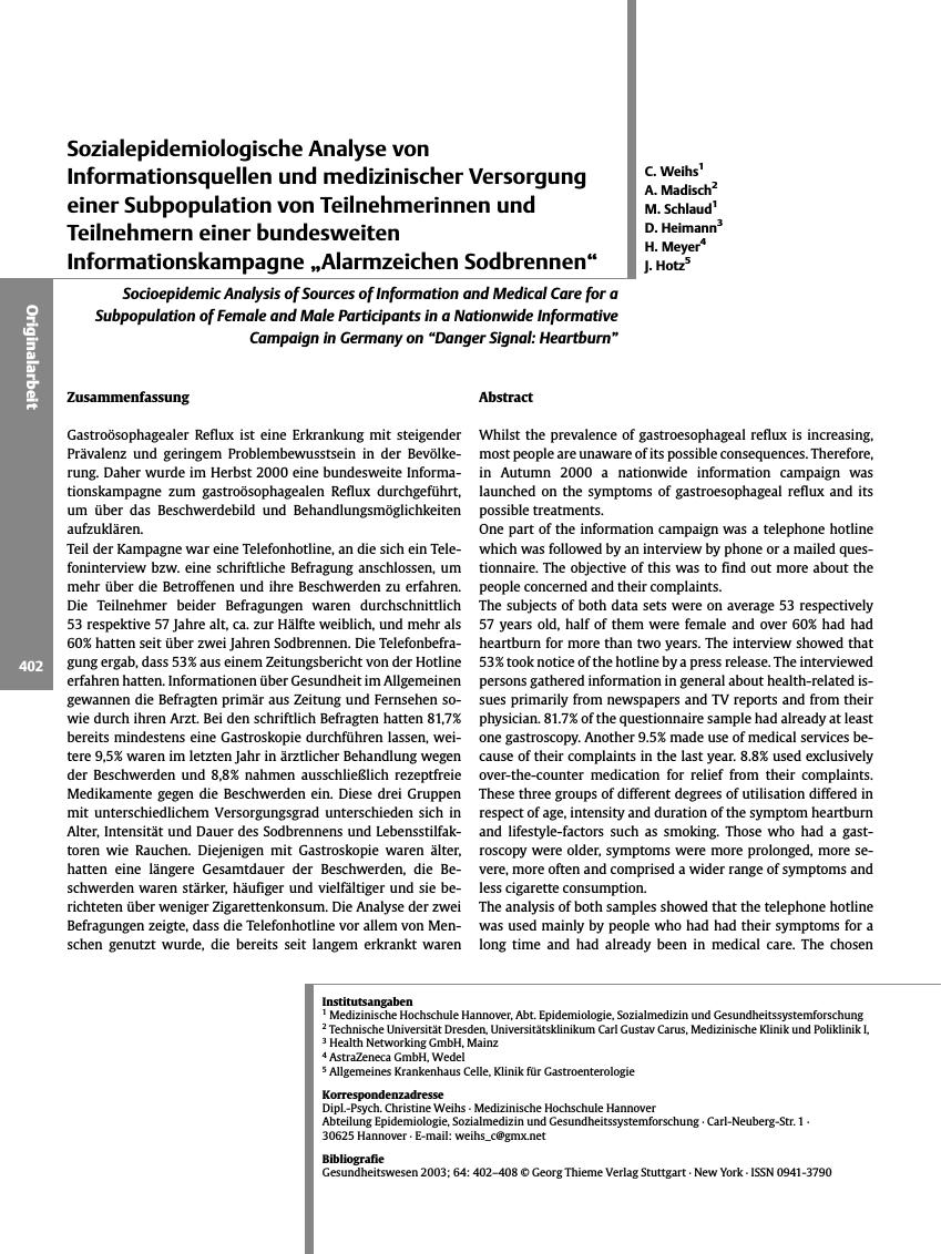 Vorschauseite 1: Sozialepidemiologische Analyse von Informationsquellen und medizinischer Versorgung einer Subpopulation von Teilnehmerinnen und Teilnehmern einer bundesweiten Informationskampagne…