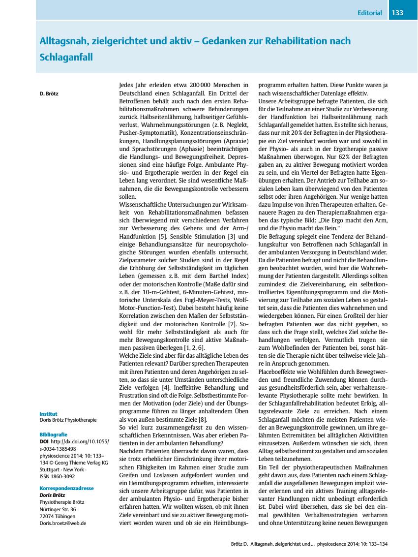 Vorschauseite 1: Alltagsnah, zielgerichtet und aktiv – Gedanken zur Rehabilitation nach Schlaganfall