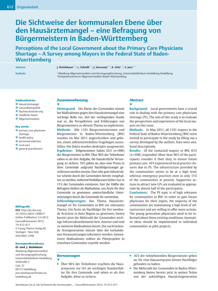 Vorschauseite 1: Die Sichtweise der kommunalen Ebene über den Hausärztemangel – eine Befragung von Bürgermeistern in Baden-Württemberg