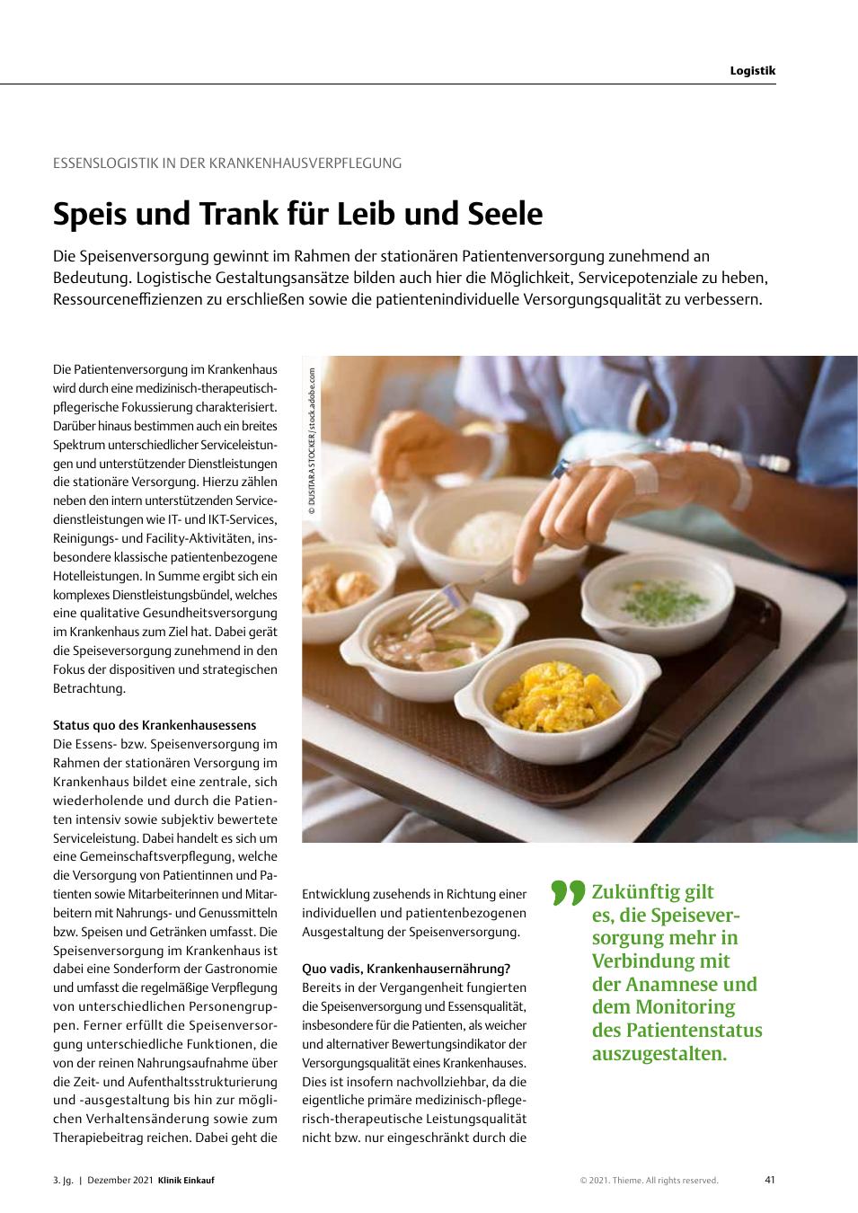 Vorschauseite 1: Essenslogistik in der Krankenhausverpflegung: Speis und Trank für Leib und Seele