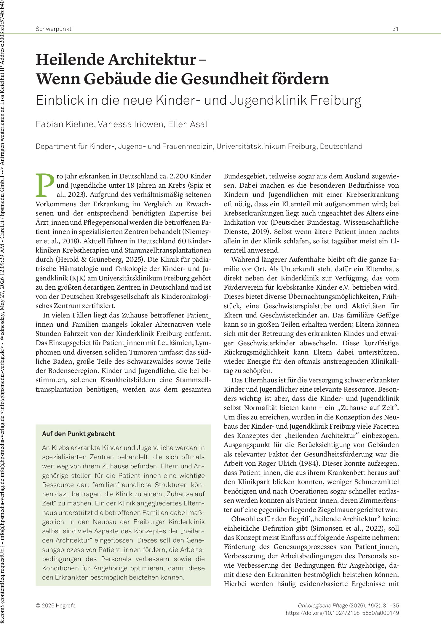 Vorschauseite 1: Heilende Architektur – Wenn Gebäude die Gesundheit fördern. Einblick in die neue Kinder- und Jugendklinik Freiburg