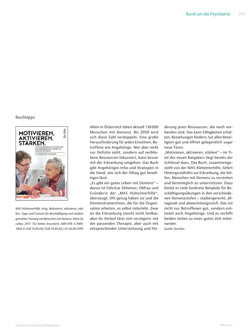 Vorschauseite 1: Buchtipp: MAS Alzheimerhilfe, Hrsg. Motivieren, aktivieren, stärken. Tipps und Grenzen für Beschäftigung und stadiengerechtes Training mit Menschen mit Demenz. Wien: facultas; 201…