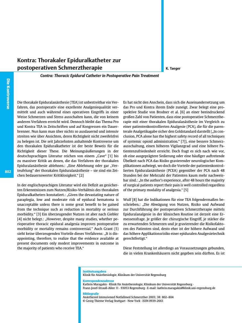 Vorschauseite 1: Kontra: Thorakaler Epiduralkatheter zur postoperativen Schmerztherapie