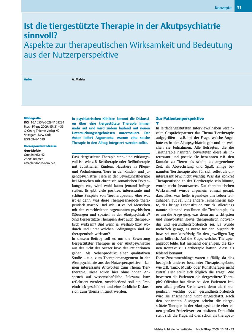 Vorschauseite 1: Ist die tiergestützte Therapie in der Akutpsychiatrie sinnvoll?