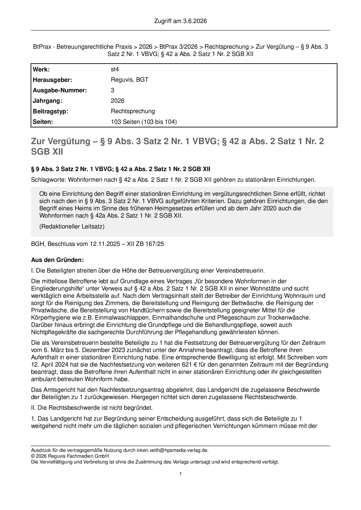 Vorschauseite 1: Zur Vergütung – § 9 Abs. 3 Satz 2 Nr. 1 VBVG; § 42a Abs. 2 Satz 1 Nr. 2 SGB XII