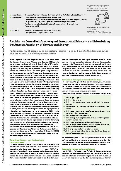 Vorschauseite 1: Partizipative Gesundheitsforschung und Occupational Science – ein Diskursbeitrag der Austrian Association of Occupational Science