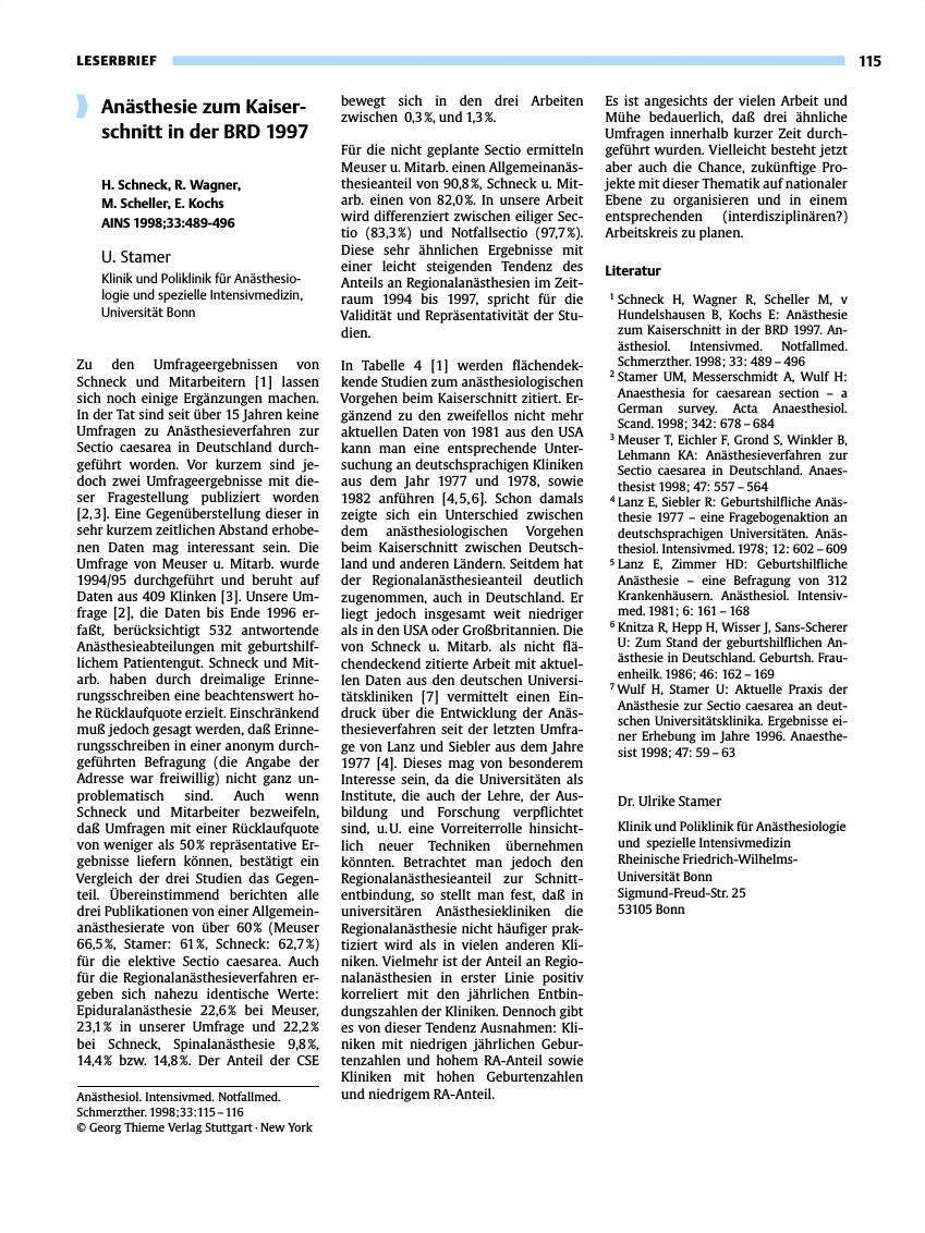 Vorschauseite 1: Anästhesie zum Kaiserschnitt in der BRD 1997