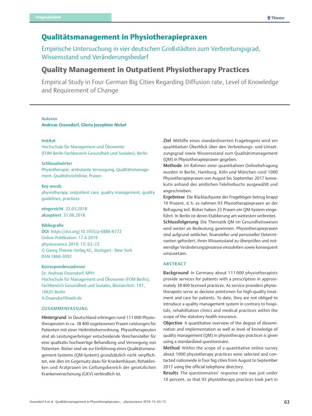 Vorschauseite 1: Qualitätsmanagement in Physiotherapiepraxen