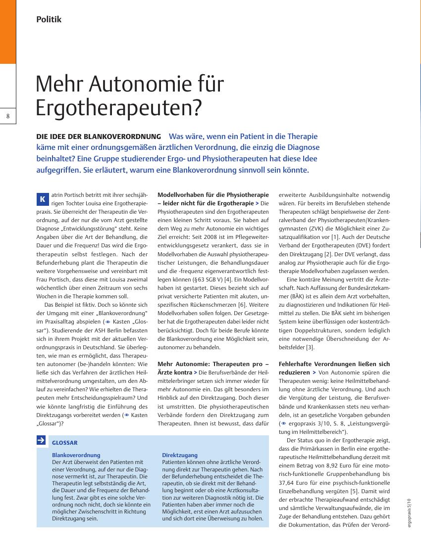 Vorschauseite 1: Die Idee der Blankoverordnung? Mehr Autonomie für Ergotherapeuten?