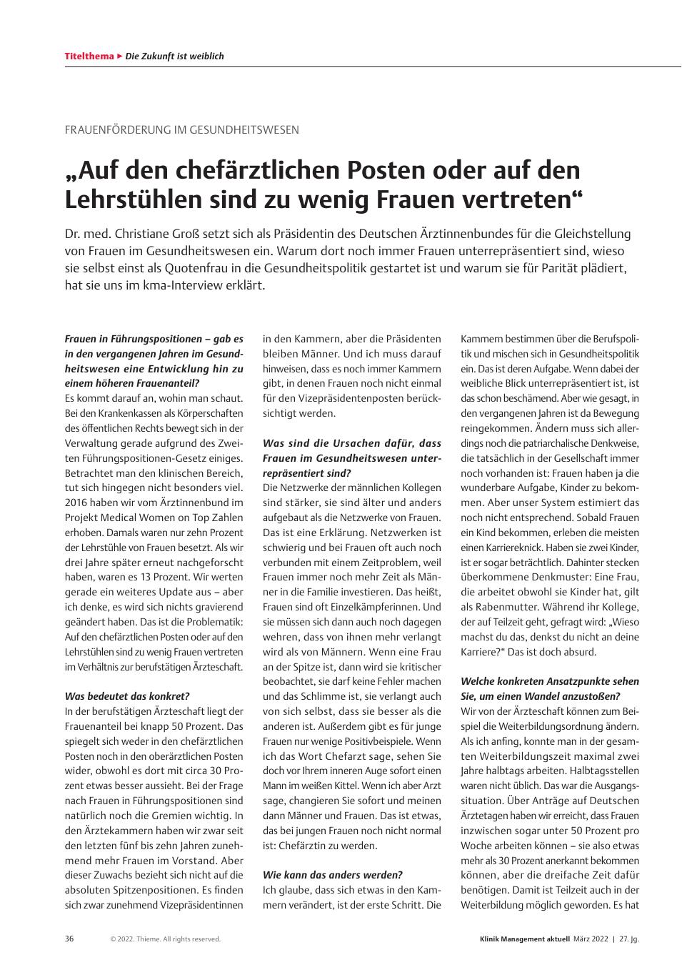 Vorschauseite 1: Frauenförderung im Gesundheitswesen: „Auf den chefärztlichen Posten oder auf den Lehrstühlen sind zu wenig Frauen vertreten“