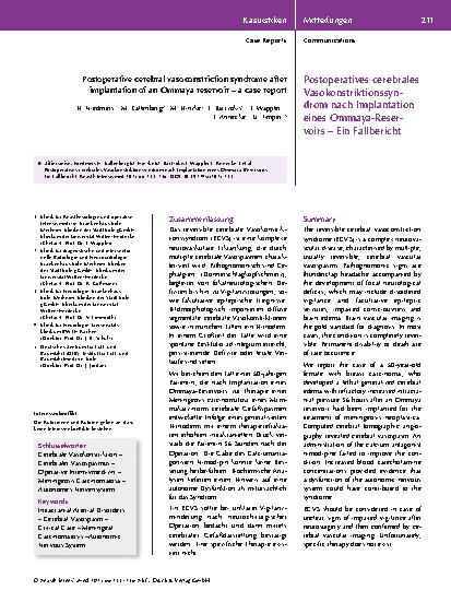 Vorschauseite 1: Postoperatives cerebrales Vasokonstriktionssyndrom nach Implantation eines Ommaya-Reservoirs – Ein Fallbericht