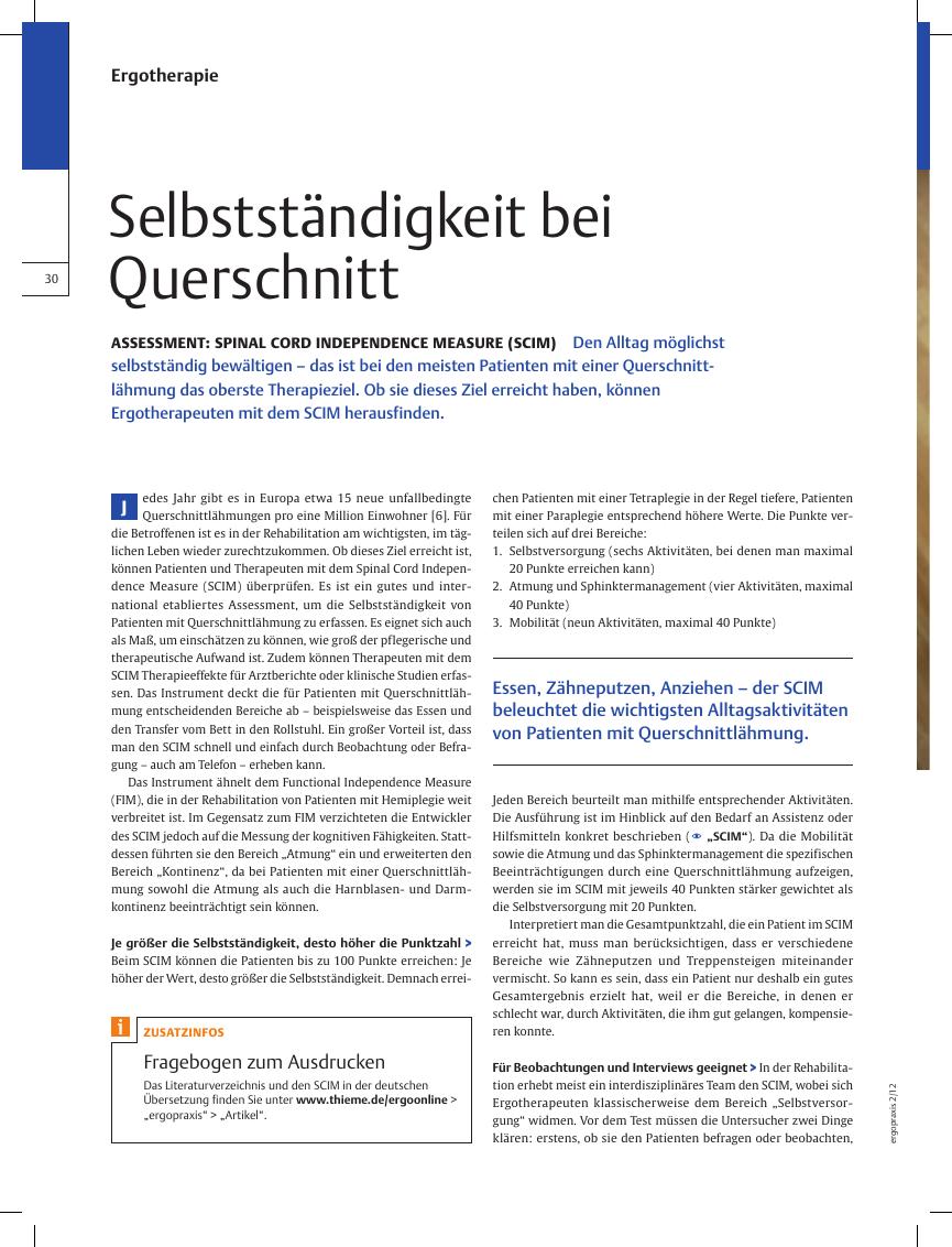 Vorschauseite 1: Assessment: Spinal Cord Independence Measure (SCIM) ? Selbstständigkeit bei Querschnitt