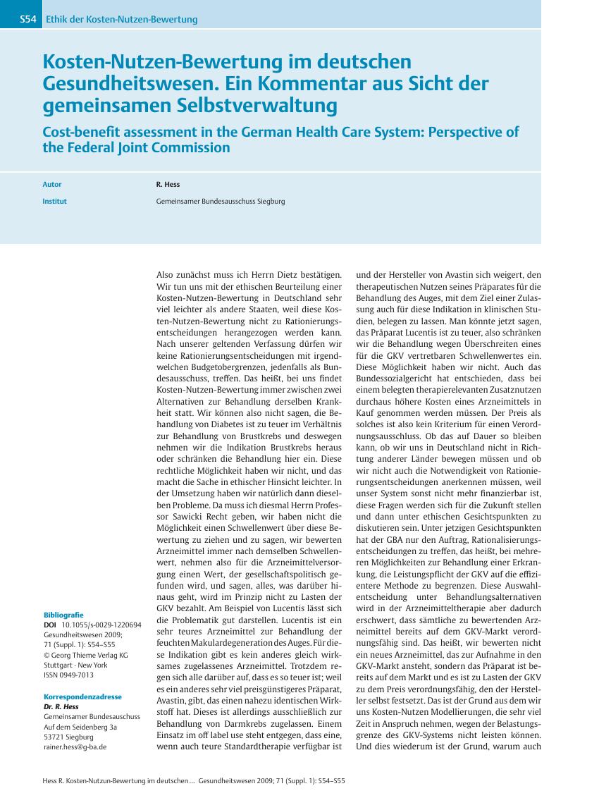 Vorschauseite 1: Kosten-Nutzen-Bewertung im deutschen Gesundheitswesen. Ein Kommentar aus Sicht der gemeinsamen Selbstverwaltung