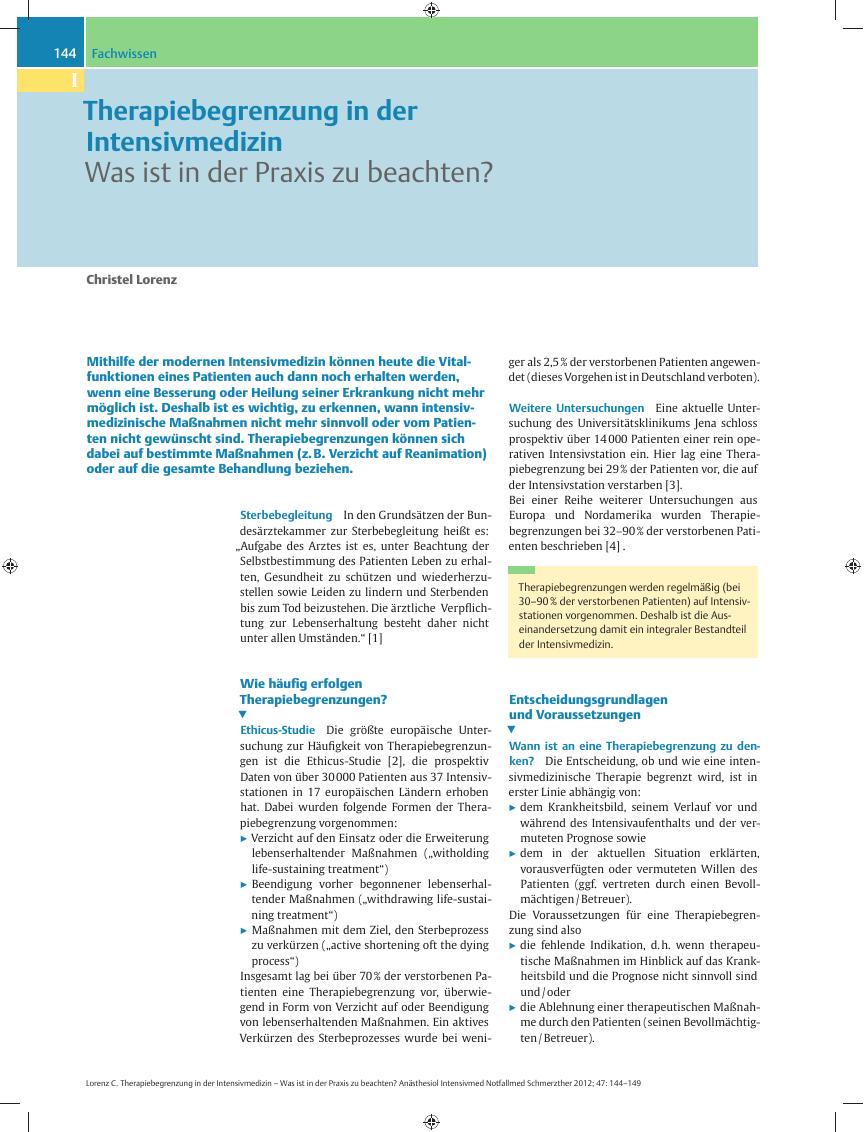 Vorschauseite 1: Therapiebegrenzung in der Intensivmedizin – Was ist in der Praxis zu beachten?