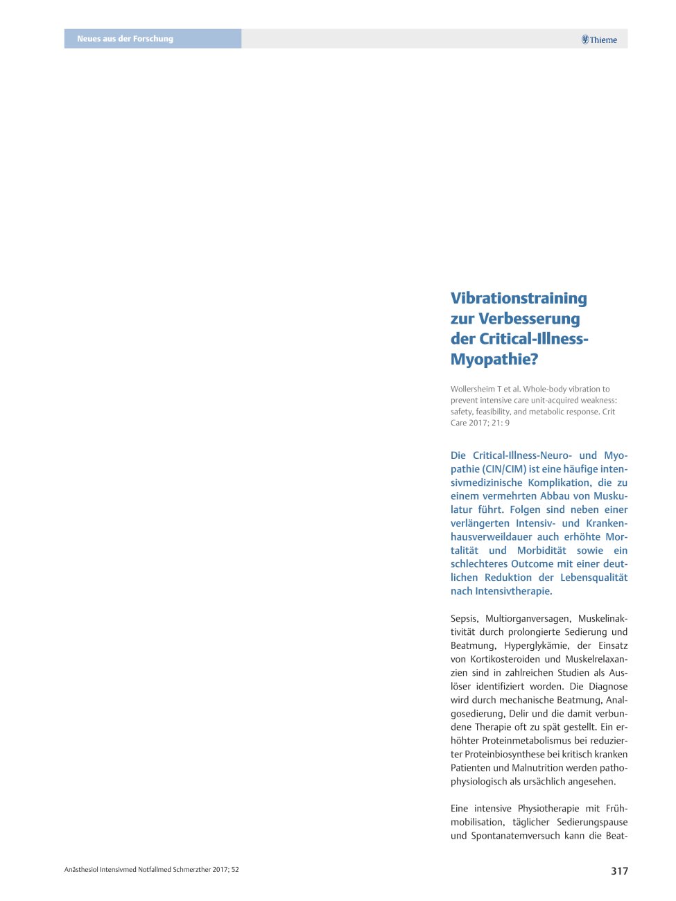 Vorschauseite 1: Vibrationstraining zur Verbesserung der Critical-Illness-Myopathie?