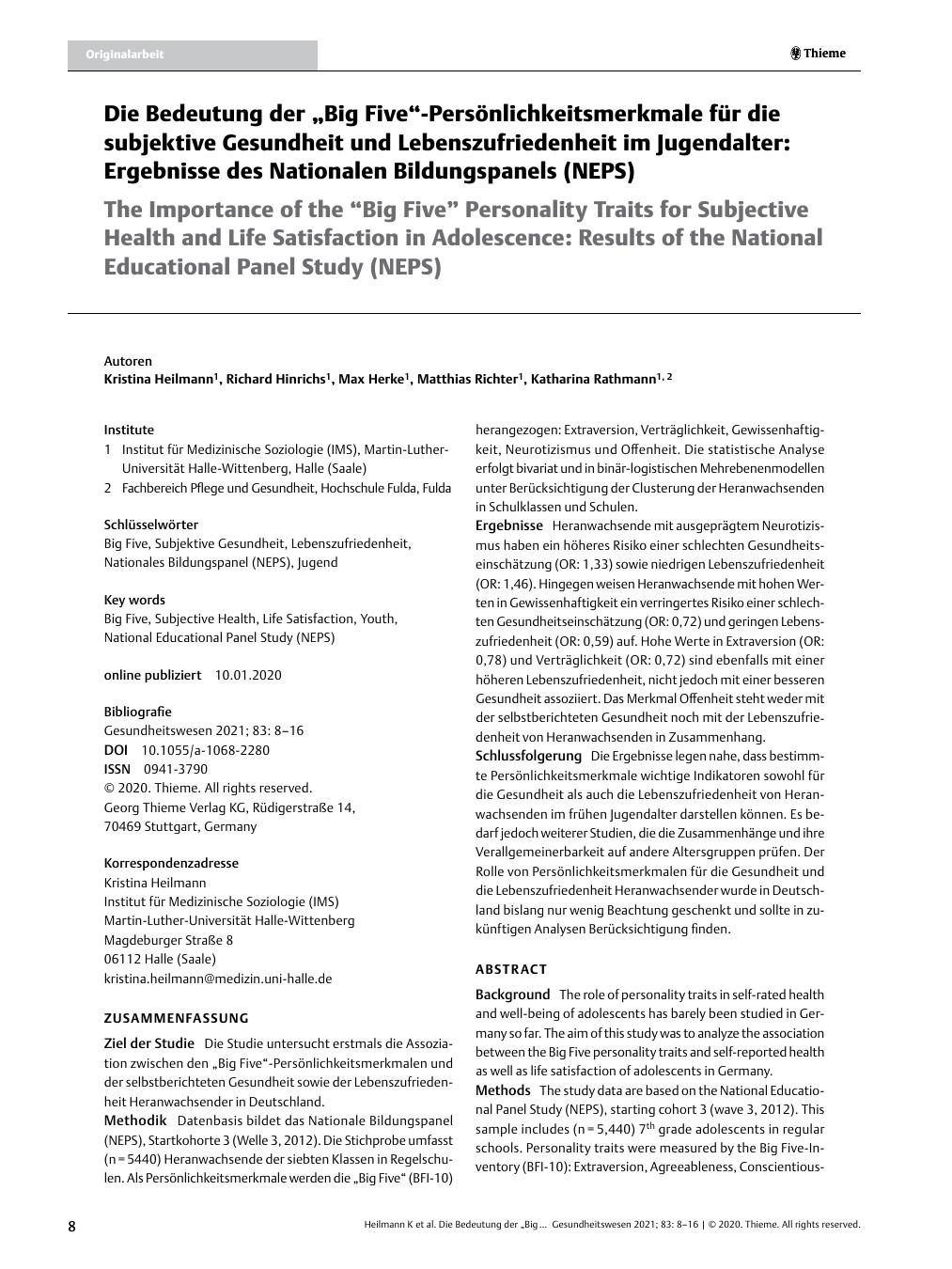 Vorschauseite 1: Die Bedeutung der "Big Five"-Persönlichkeitsmerkmale für die subjektive Gesundheit und Lebenszufriedenheit im Jugendalter: Ergebnisse des Nationalen Bildungspanels (NEPS)