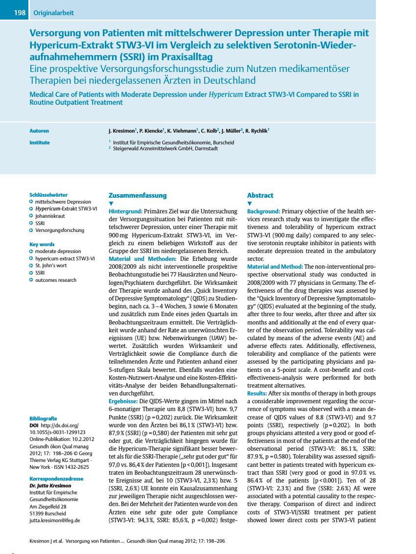 Vorschauseite 1: Versorgung von Patienten mit mittelschwerer Depression unter Therapie mit Hypericum-Extrakt STW3-VI im Vergleich zu selektiven Serotonin-Wiederaufnahmehemmern (SSRI) im Praxisallt…
