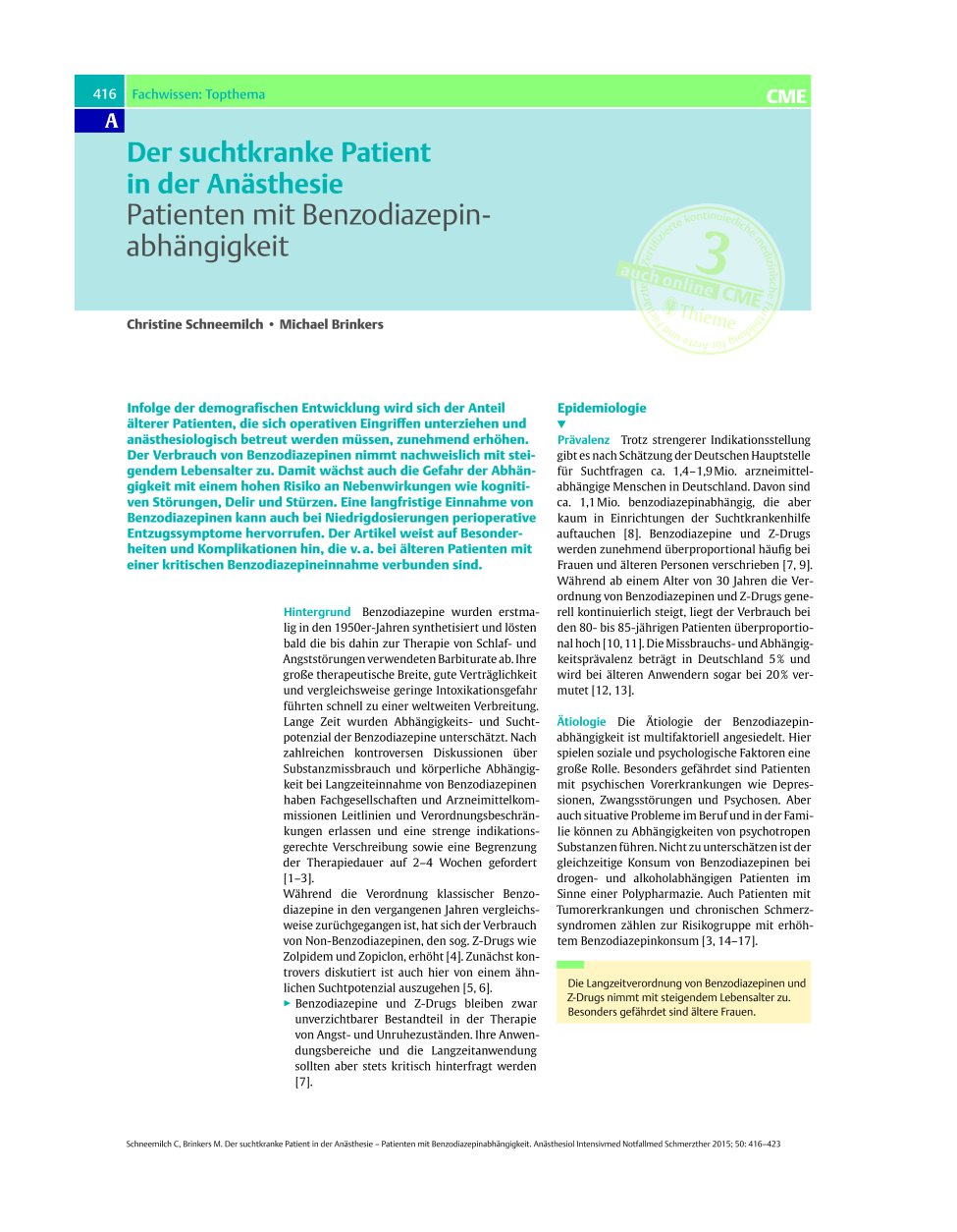 Vorschauseite 1: Der suchtkranke Patient in der Anästhesie – Patienten mit Benzodiazepin-abhängigkeit