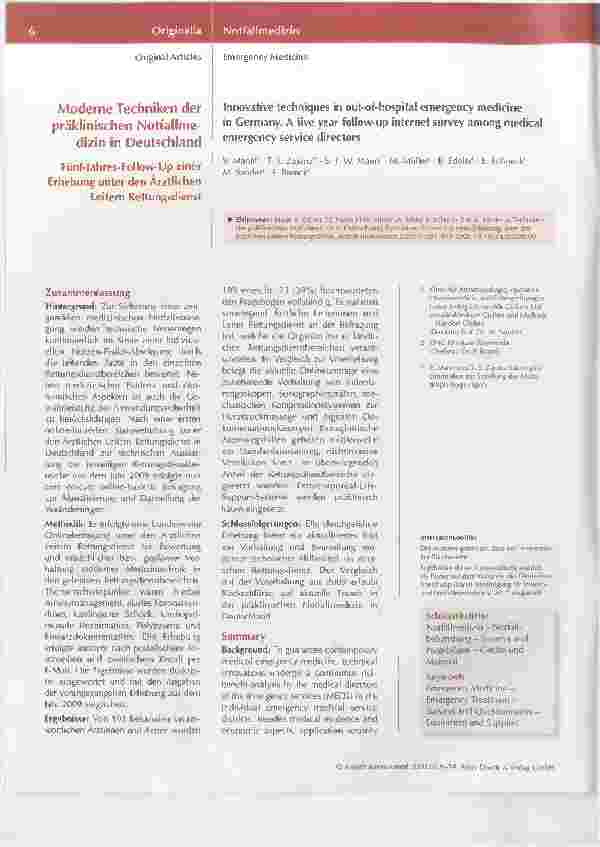 Vorschauseite 1: Moderne Techniken der präklinischen Notfallmedizin in Deutschland: Fünf-Jahres-Follow-Up einer Erhebung unter den Ärztlichen Leitern Rettungsdienst