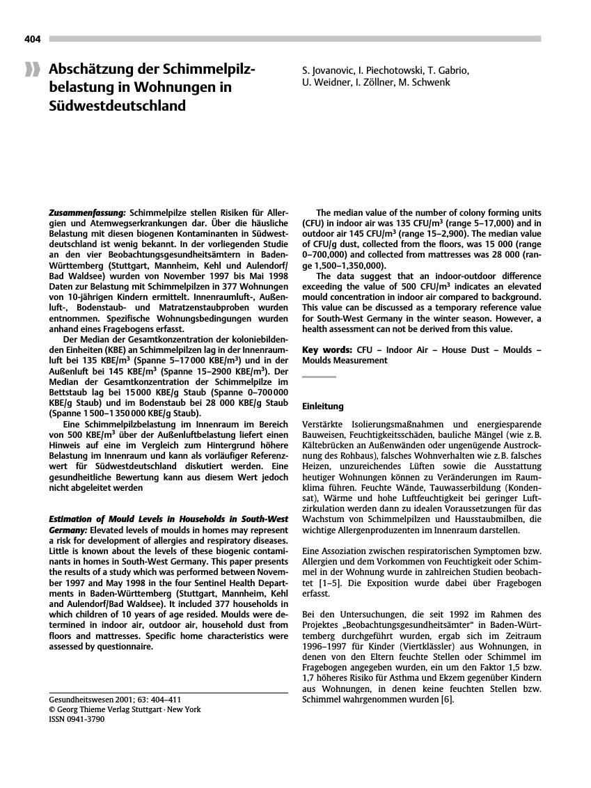 Vorschauseite 1: Abschätzung der Schimmelpilzbelastung in Wohnungen in Südwestdeutschland