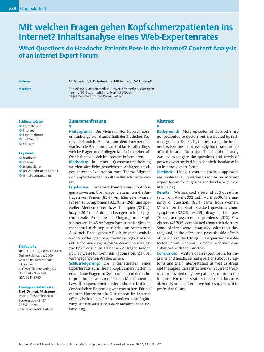 Vorschauseite 1: Mit welchen Fragen gehen Kopfschmerzpatienten ins Internet? Inhaltsanalyse eines Web-Expertenrates