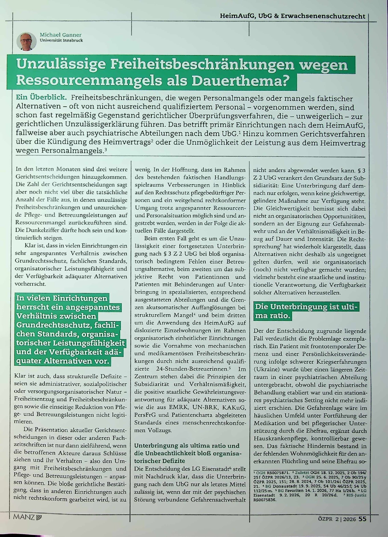 Vorschauseite 1: Unzulässige Freiheitsbeschränkungen wegen Ressourcenmangels als Dauerthema?