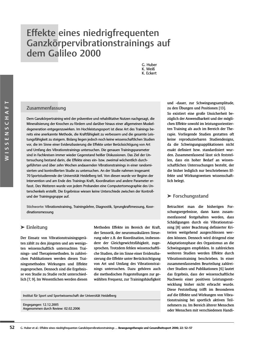 Vorschauseite 1: Effekte eines niedrigfrequenten Ganzkörpervibrationstrainings auf dem Galileo 2000