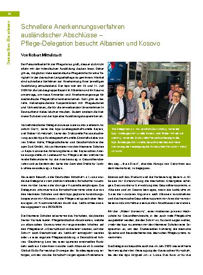 Vorschauseite 1: Schnellere Anerkennungsverfahren ausländischer Abschlüsse – Pflege-Delegation besucht Albanien und Kosovo