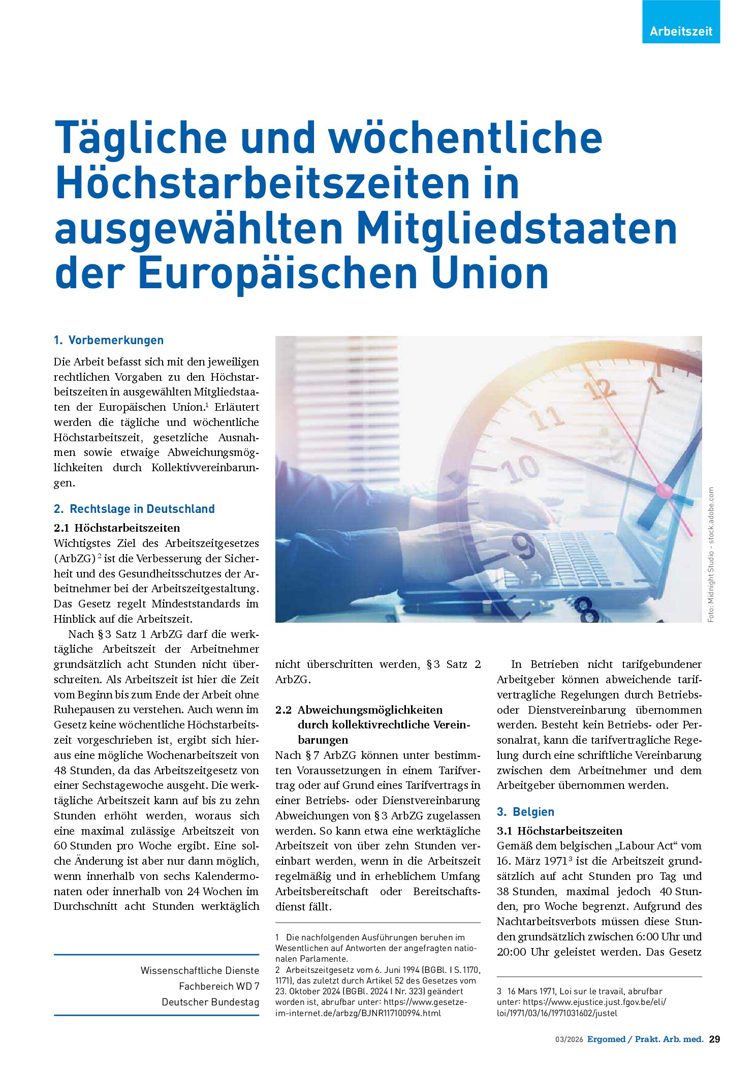 Vorschauseite 1: Tägliche und wöchentliche Höchstarbeitszeiten in ausgewählten Mitgliedstaaten der Europäischen Union
