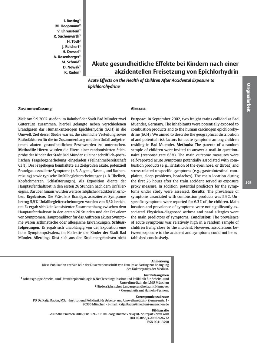 Vorschauseite 1: Akute gesundheitliche Effekte bei Kindern nach einer akzidentellen Freisetzung von Epichlorhydrin