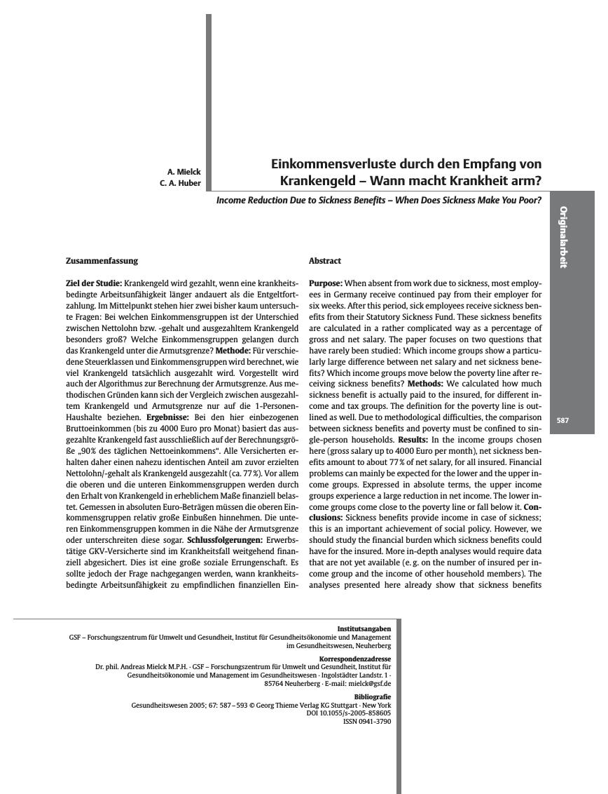Vorschauseite 1: Einkommensverluste durch den Empfang von Krankengeld – Wann macht Krankheit arm?