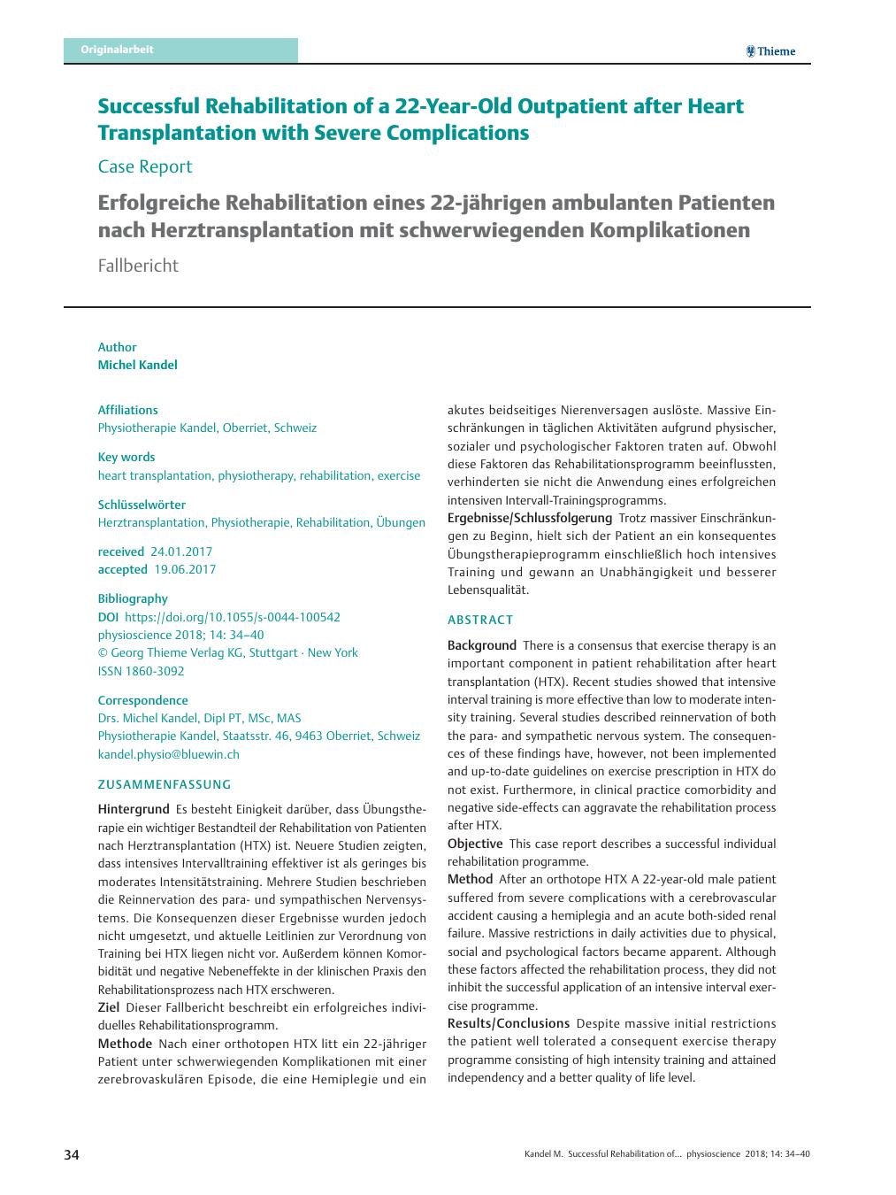 Vorschauseite 1: Successful Rehabilitation of a 22-Year-Old Outpatient after Heart Transplantation with Severe Complications
