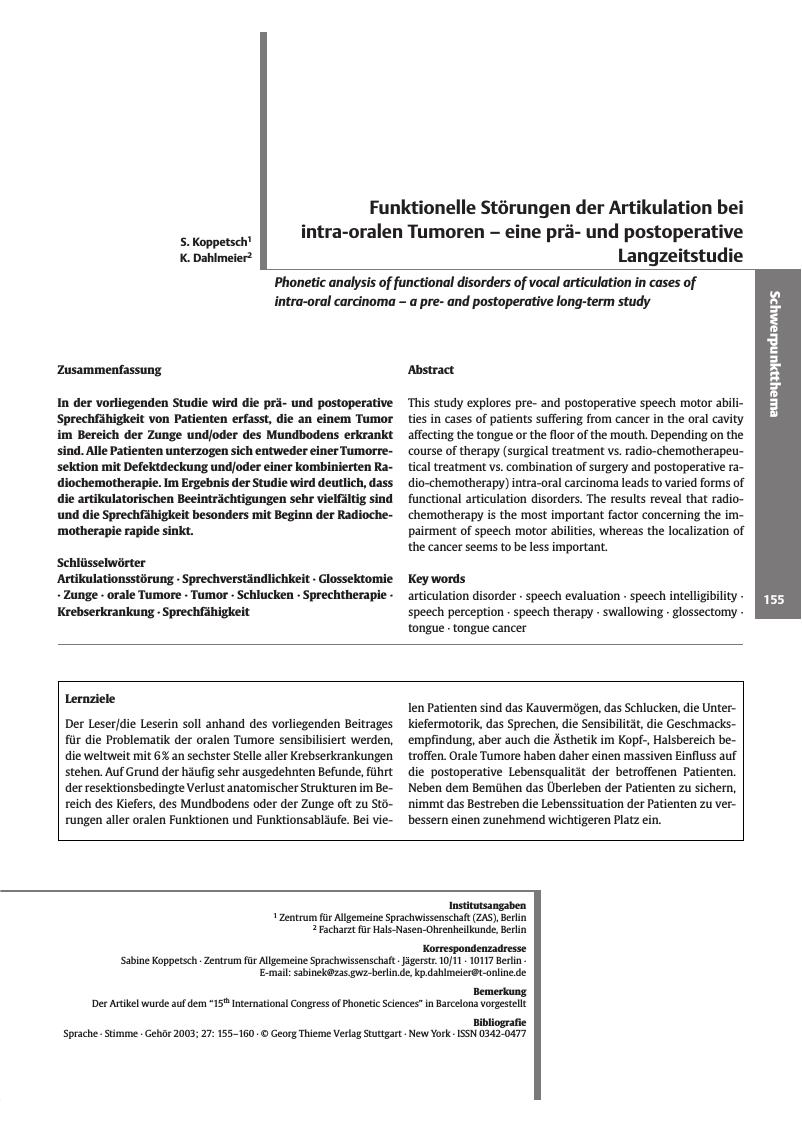 Vorschauseite 1: Funktionelle Störungen der Artikulation bei intra-oralen Tumoren - eine präund postoperative Langzeitstudie
