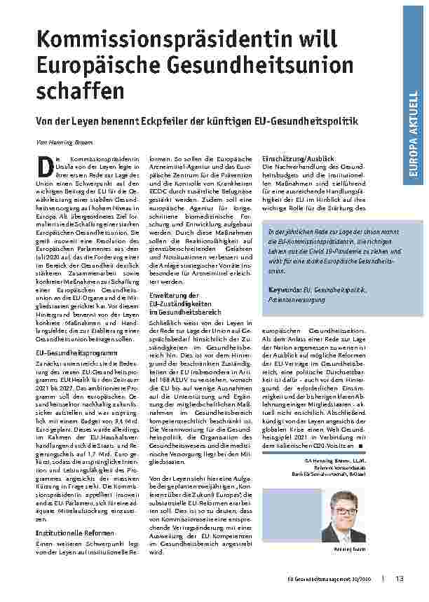 Vorschauseite 1: Kommissionspräsidentin will Europäische Gesundheitsunion schaffen