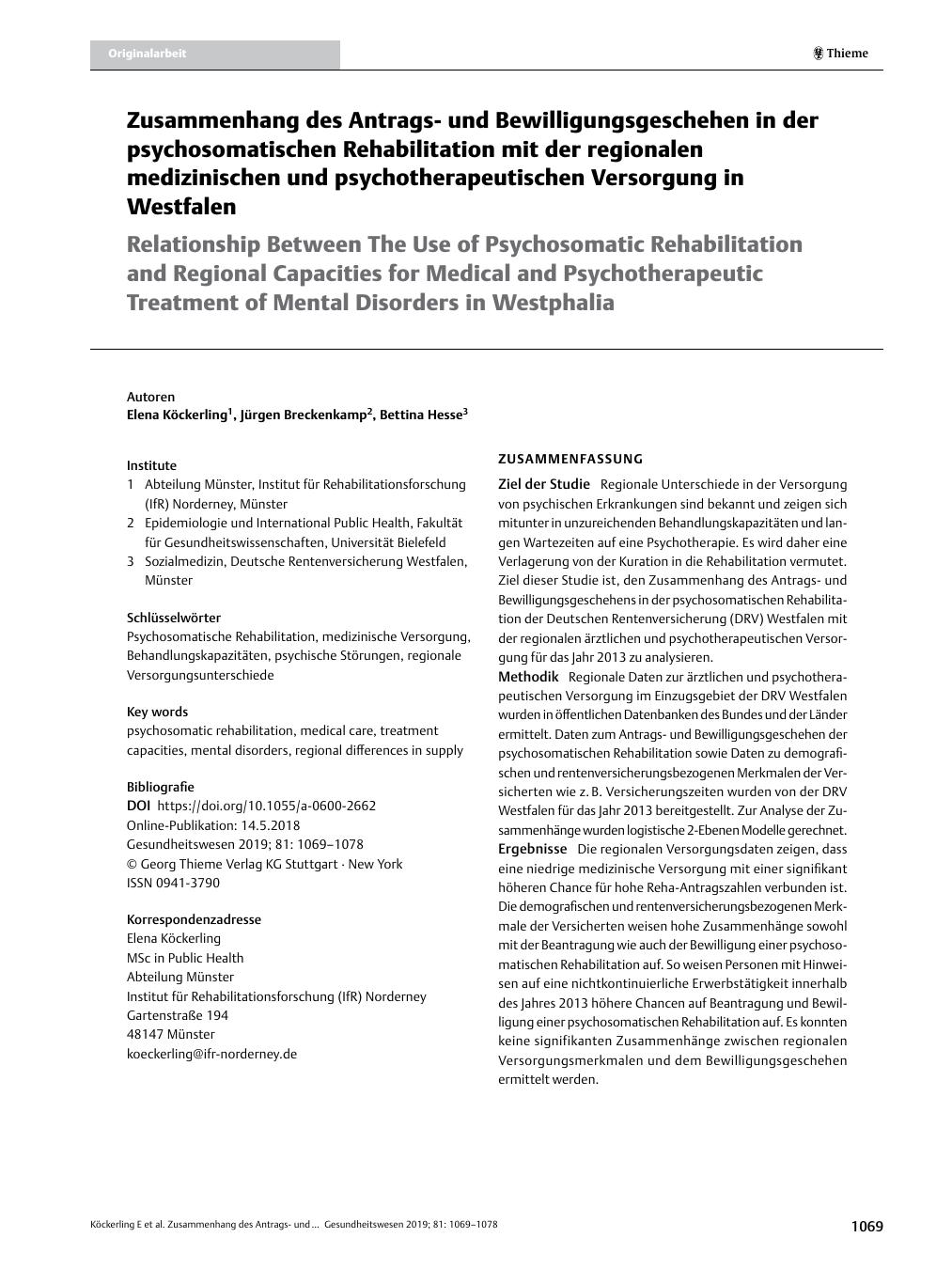 Vorschauseite 1: Zusammenhang des Antragsund Bewilligungsgeschehen in der psychosomatischen Rehabilitation mit der regionalen medizinischen und psychotherapeutischen Versorgung in Westfalen