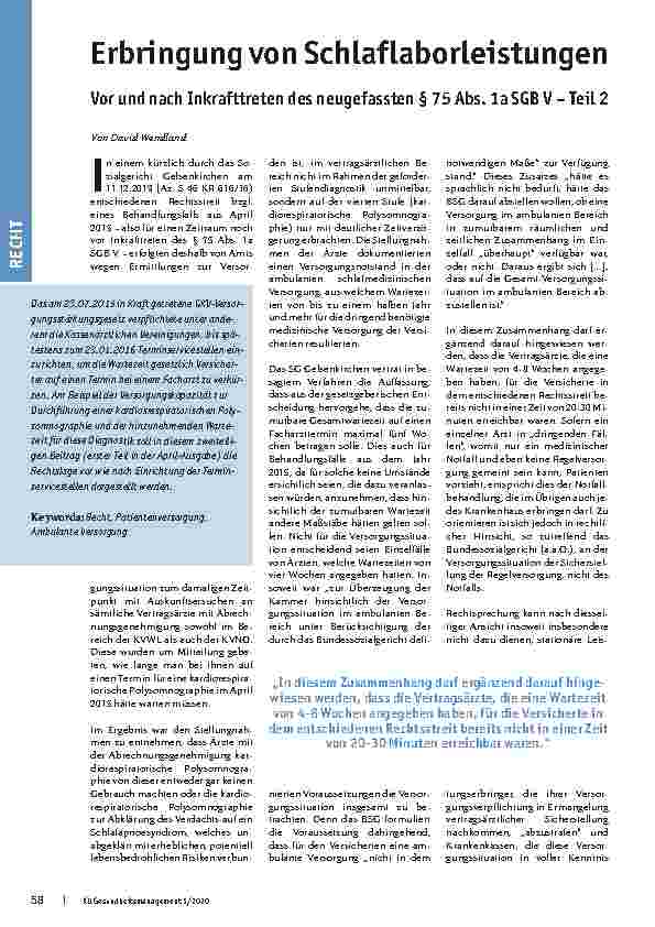Vorschauseite 1: Erbringung von Schlaflaborleistungen vor und nach Inkrafttreten des neugefassten § 75 Abs. 1a SGB V – Teil 2