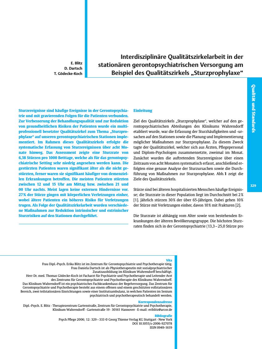 Vorschauseite 1: Interdisziplinäre Qualitätszirkelarbeit in der stationären gerontopsychiatrischen Versorgung am Beispiel des Qualitätszirkels „Sturzprophylaxe”