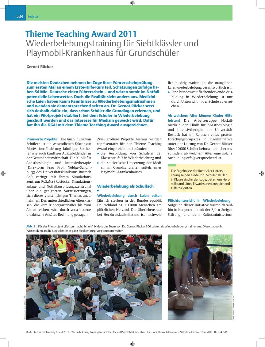 Vorschauseite 1: Thieme Teaching Award 2011 – Wiederbelebungstraining für Siebtklässler und Playmobil-Krankenhaus für Grundschüler