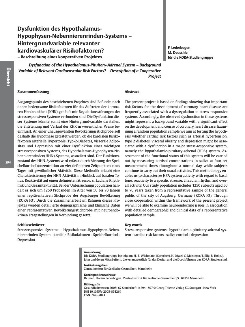 Vorschauseite 1: Dysfunktion des Hypothalamus-Hypophysen-Nebennierenrinden-Systems - Hintergrundvariable relevanter kardiovaskulärer Risikofaktoren?