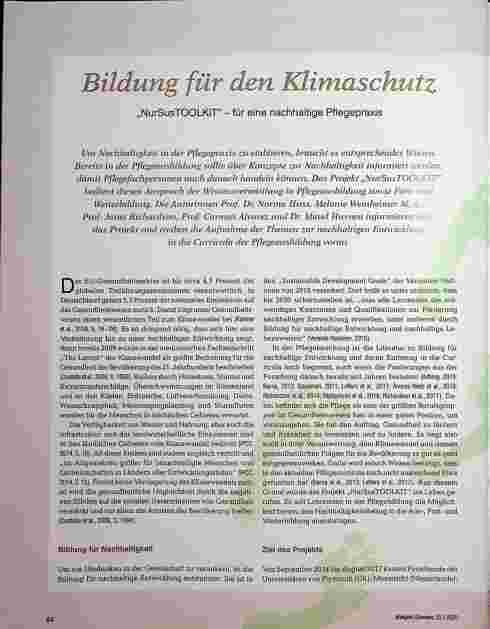 Vorschauseite 1: Bildung für den Klimaschutz „NurSusTOOLKIT“ - für eine nachhaltige Pflegepraxis