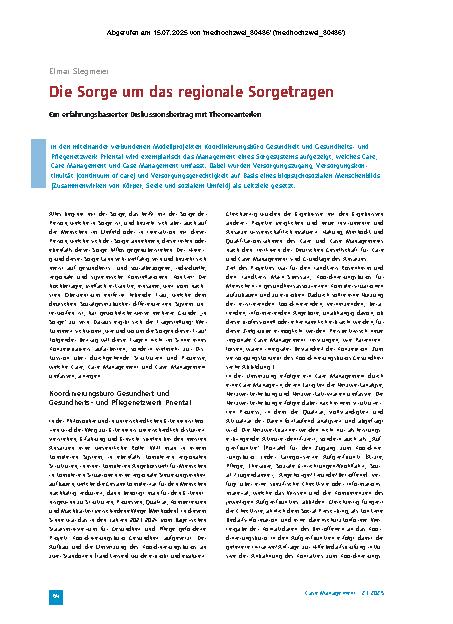 Vorschauseite 1: Die Sorge um das regionale Sorgetragen Ein erfahrungsbasierter Diskussionsbeitrag mit Theorieanteilen
