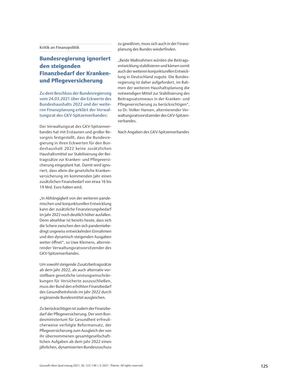 Vorschauseite 1: Bundesregierung ignoriert den steigenden Finanzbedarf der Krankenund Pflegeversicherung.