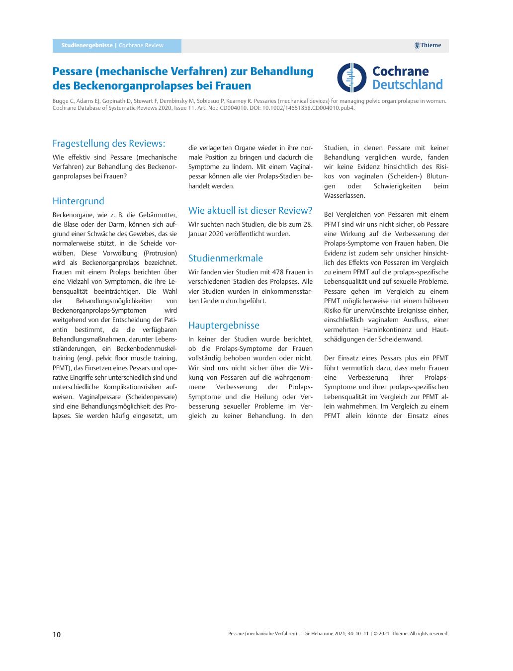 Vorschauseite 1: Pessare (mechanische Verfahren) zur Behandlung des Beckenorganprolapses bei Frauen