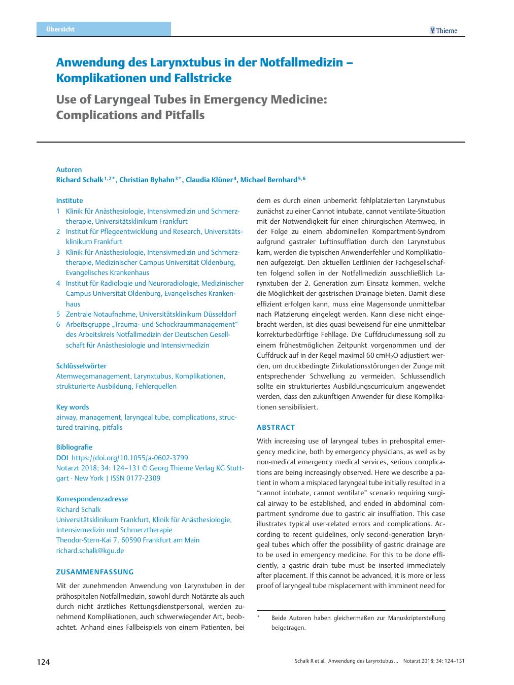 Vorschauseite 1: Anwendung des Larynxtubus in der Notfallmedizin – Komplikationen und Fallstricke