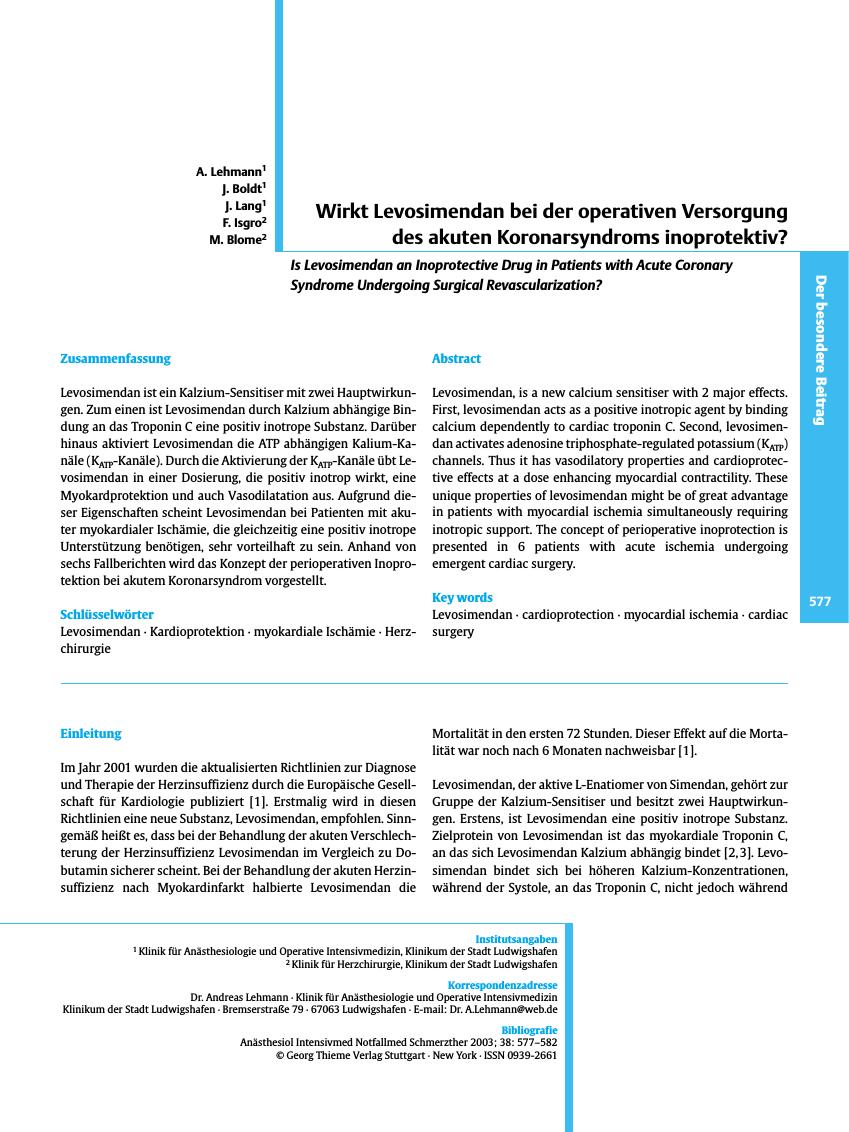 Vorschauseite 1: Wirkt Levosimendan bei der operativen Versorgung des akuten Koronarsyndroms inoprotektiv?