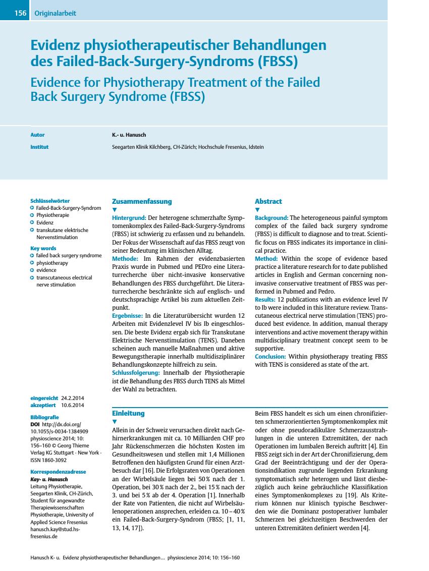 Vorschauseite 1: Evidenz physiotherapeutischer Behandlungen des Failed-Back-Surgery-Syndroms (FBSS)