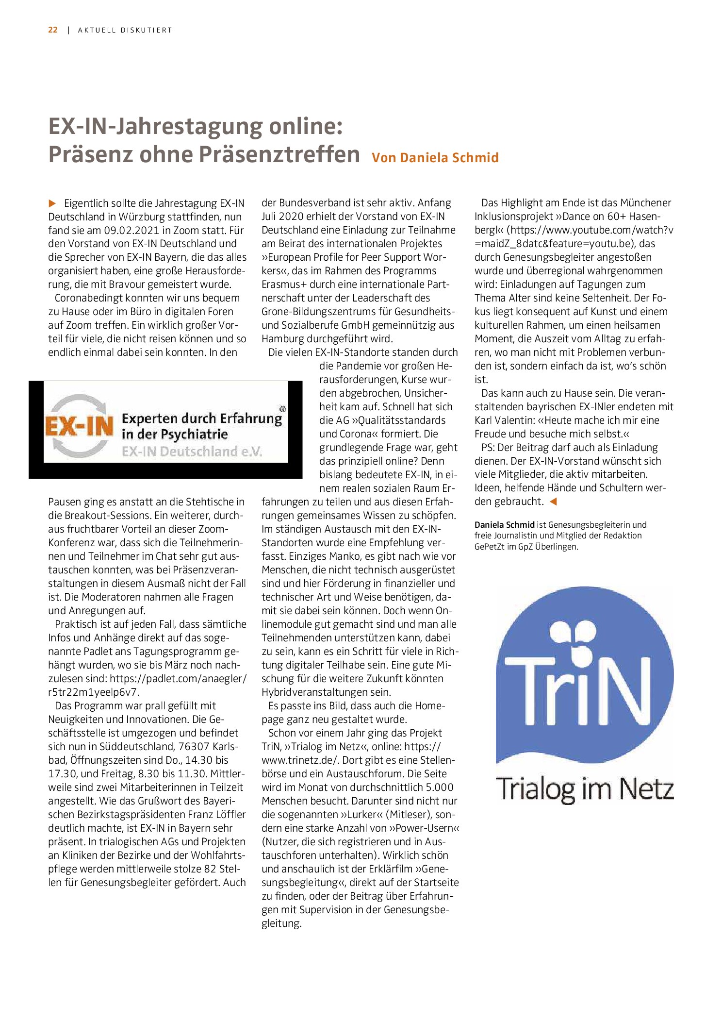 Vorschauseite 1: Ex-In-Jahrestagung online: Präsenz ohne Präsenztreffen