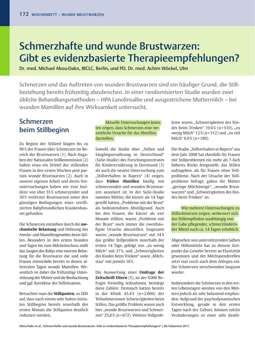 Vorschauseite 1: Schmerzhafte und wunde Brustwarzen: Gibt es evidenzbasierte Therapieempfehlungen?